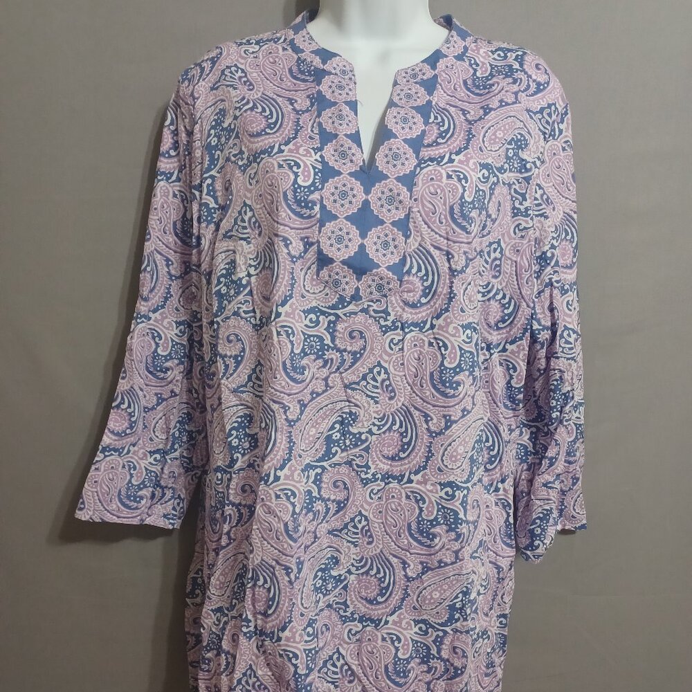 Talbots top blue pink paisley v neck long‎ sleeve tunic boho peasant casual sz L